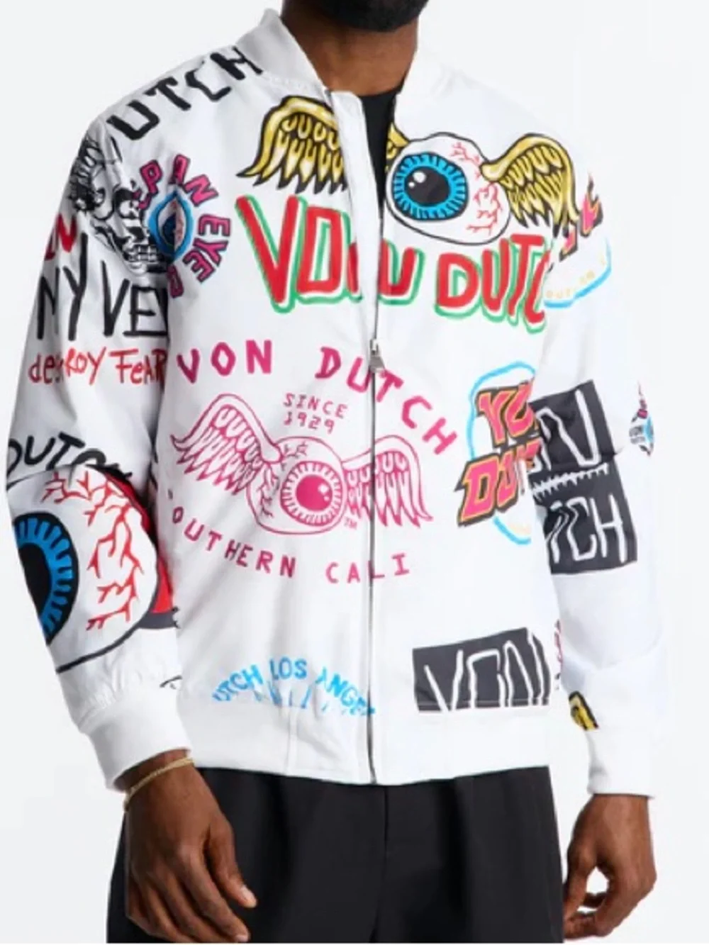 •White Jax• Von Dutch White Graphic Bomber Jacket | Y2K Streetwear Zip Jacket